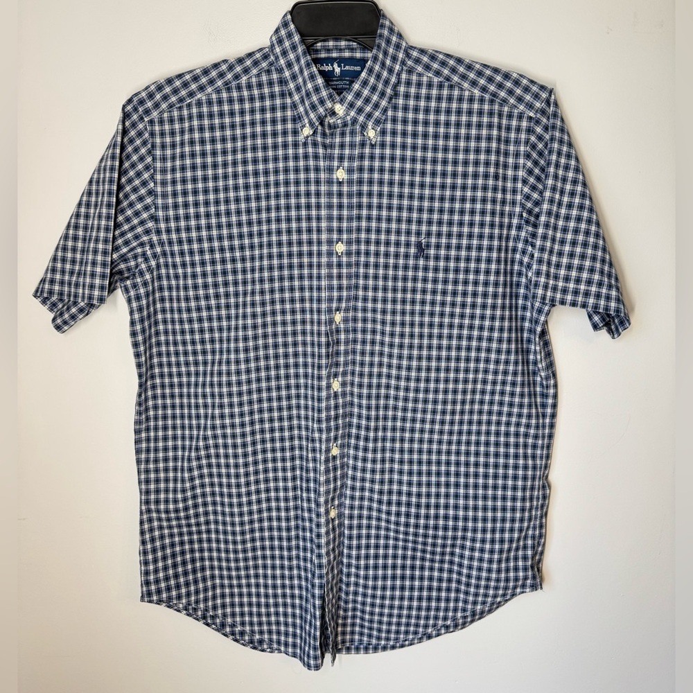 Ralph Lauren Yarmouth 100% Cotton Mens Navy Blue Gingham Button Down 15 1/2 32
